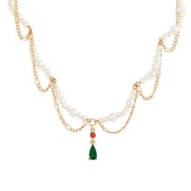 Elegant Layered Emerald Crystal Waterdrop Pendant Pearl Chain Necklace - ArtGalleryZen