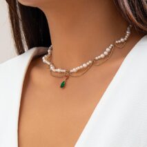 Elegant Layered Emerald Crystal Waterdrop Pendant Pearl Chain Necklace - ArtGalleryZen