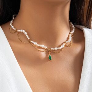 Elegant Layered Emerald Crystal Waterdrop Pendant Pearl Chain Necklace - ArtGalleryZen