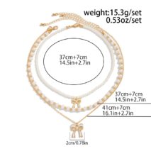 Elegant Layered Enamel Bowknot Pendant Pearl Chain Necklace Set - ArtGalleryZen