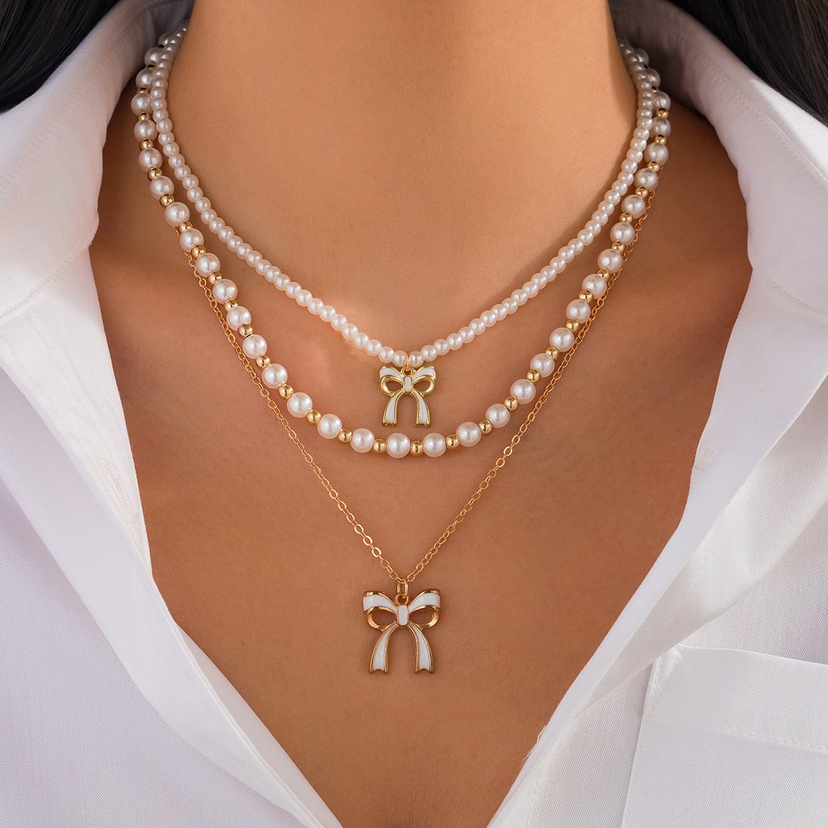 Elegant Layered Enamel Bowknot Pendant Pearl Chain Necklace Set - ArtGalleryZen