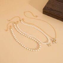 Elegant Layered Enamel Bowknot Pendant Pearl Chain Necklace Set - ArtGalleryZen
