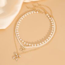 Elegant Layered Enamel Bowknot Pendant Pearl Chain Necklace Set - ArtGalleryZen
