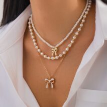 Elegant Layered Enamel Bowknot Pendant Pearl Chain Necklace Set - ArtGalleryZen