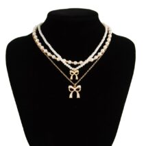 Elegant Layered Enamel Bowknot Pendant Pearl Chain Necklace Set - ArtGalleryZen