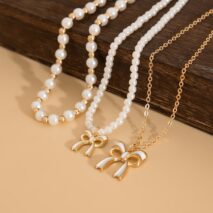 Elegant Layered Enamel Bowknot Pendant Pearl Chain Necklace Set - ArtGalleryZen