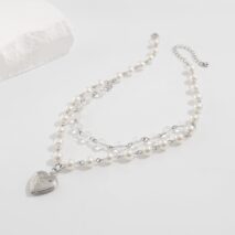 Elegant Layered Floral Heart Pendant Crystal Pearl Chain Necklace - ArtGalleryZen
