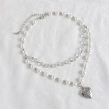 Elegant Layered Floral Heart Pendant Crystal Pearl Chain Necklace - ArtGalleryZen