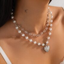 Elegant Layered Floral Heart Pendant Crystal Pearl Chain Necklace - ArtGalleryZen