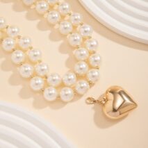 Elegant Layered Heart Pendant Chunky Pearl Chain Choker Necklace Set - ArtGalleryZen
