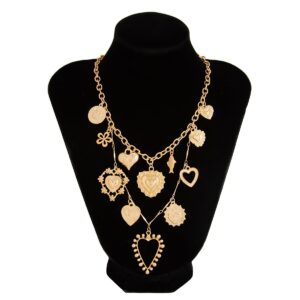 Elegant Layered Hollow Floral Heart Pendant Curb Chain Necklace - ArtGalleryZen