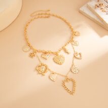 Elegant Layered Hollow Floral Heart Pendant Curb Chain Necklace - ArtGalleryZen