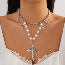 Elegant Layered Silver Plated Star Cross Pendant Pearl Chain Necklace - ArtGalleryZen