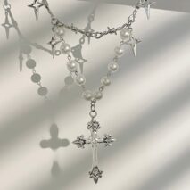 Elegant Layered Silver Plated Star Cross Pendant Pearl Chain Necklace - ArtGalleryZen