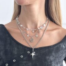 Elegant Layered Star Spiral Pendant Curb Chain Necklace Set - ArtGalleryZen