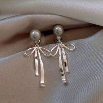 Elegant Pearl Bowknot Ribbon Dangle Removable Earrings - ArtGalleryZen
