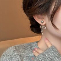 Elegant Pearl Bowknot Ribbon Dangle Removable Earrings - ArtGalleryZen