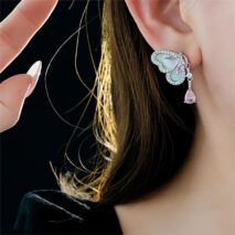 Elegant Pink Crystal Dangle CZ Inlaid Enamel Butterfly Earrings - ArtGalleryZen