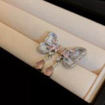 Elegant Pink Crystal Dangle CZ Inlaid Enamel Butterfly Earrings - ArtGalleryZen
