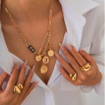 Elegant Rhinestone Inlaid Enamel Round Disk Square Charm Paperclip Necklace - ArtGalleryZen