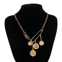Elegant Rhinestone Inlaid Enamel Round Disk Square Charm Paperclip Necklace - ArtGalleryZen
