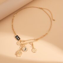 Elegant Rhinestone Inlaid Enamel Round Disk Square Charm Paperclip Necklace - ArtGalleryZen