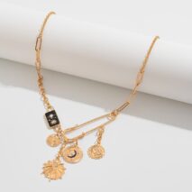Elegant Rhinestone Inlaid Enamel Round Disk Square Charm Paperclip Necklace - ArtGalleryZen
