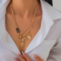 Elegant Rhinestone Inlaid Enamel Round Disk Square Charm Paperclip Necklace - ArtGalleryZen