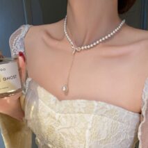 Elegant Rhinestone Inliad Bowknot Charm Pearl Chain Y Necklace - ArtGalleryZen
