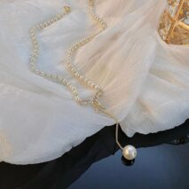 Elegant Rhinestone Inliad Bowknot Charm Pearl Chain Y Necklace - ArtGalleryZen