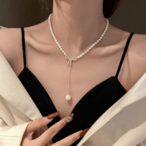 Elegant Rhinestone Inliad Bowknot Charm Pearl Chain Y Necklace - ArtGalleryZen