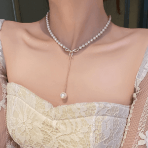 Elegant Rhinestone Inliad Bowknot Charm Pearl Chain Y Necklace - ArtGalleryZen