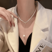 Elegant Rhinestone Inliad Bowknot Charm Pearl Chain Y Necklace - ArtGalleryZen