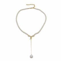 Elegant Rhinestone Inliad Bowknot Charm Pearl Chain Y Necklace - ArtGalleryZen