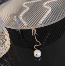 Elegant Rhinestone Inliad Bowknot Charm Pearl Chain Y Necklace - ArtGalleryZen