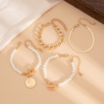 Elegant Toggle Clasp Relief Coin Charm Pearl Curb Chain Bracelet Set - ArtGalleryZen
