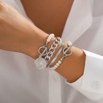 Elegant Toggle Clasp Relief Coin Charm Pearl Curb Chain Bracelet Set - ArtGalleryZen