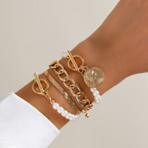 Elegant Toggle Clasp Relief Coin Charm Pearl Curb Chain Bracelet Set - ArtGalleryZen