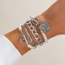 Elegant Toggle Clasp Relief Coin Charm Pearl Curb Chain Bracelet Set - ArtGalleryZen