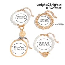 Elegant Toggle Clasp Relief Coin Charm Pearl Curb Chain Bracelet Set - ArtGalleryZen
