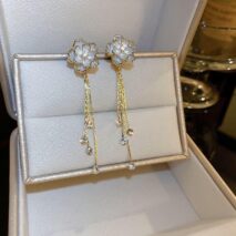 Enamel Camellia Flower Rhinestone Chain Tassel Earrings - ArtGalleryZen