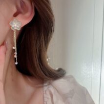 Enamel Camellia Flower Rhinestone Chain Tassel Earrings - ArtGalleryZen