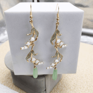 Enamel Lily Of The Valley Dangle Jade Earrings - ArtGalleryZen