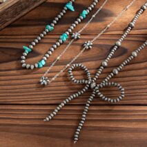 Ethnic Style 3pcs Bowknot Charm Turquoise Beaded Chain Necklace Set - ArtGalleryZen
