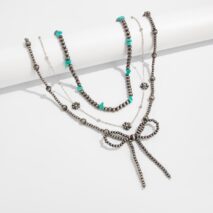 Ethnic Style 3pcs Bowknot Charm Turquoise Beaded Chain Necklace Set - ArtGalleryZen