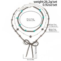 Ethnic Style 3pcs Bowknot Charm Turquoise Beaded Chain Necklace Set - ArtGalleryZen