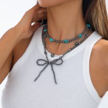Ethnic Style 3pcs Bowknot Charm Turquoise Beaded Chain Necklace Set - ArtGalleryZen