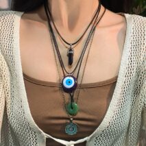 Ethnic Style 4pcs Evil Eye Healing Crystal Stone Pendant Velvet Necklace Set - ArtGalleryZen