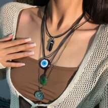 Ethnic Style 4pcs Evil Eye Healing Crystal Stone Pendant Velvet Necklace Set - ArtGalleryZen