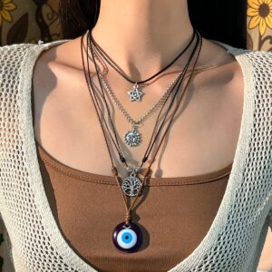 Ethnic Style 4pcs Evil Eye Sun Star Family Tree Pendant Wax Cord Necklace Set - ArtGalleryZen